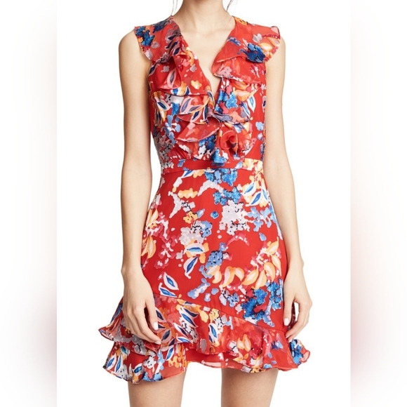 SALONI Dresses & Skirts - Saloni Cece Floral Print Ruffle Trim Dress in Coral  Size 4